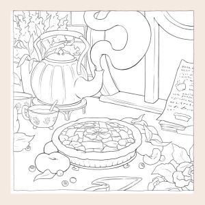 Tea & Pie – Fantasy Coloring Page