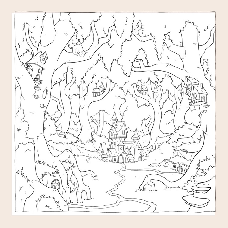 Fairy Town- Fantasy Coloring Page