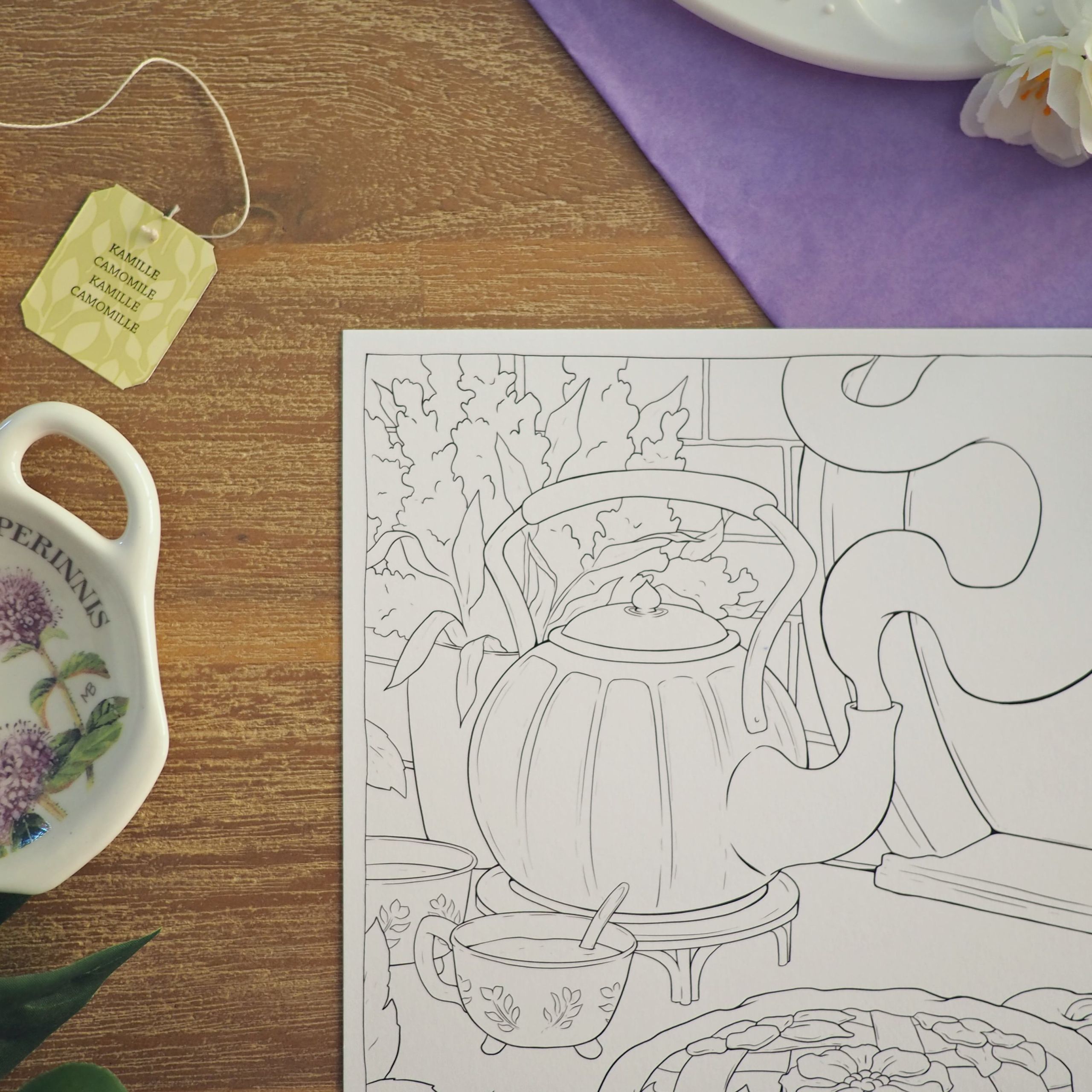 Tea & Pie – Fantasy Coloring Page