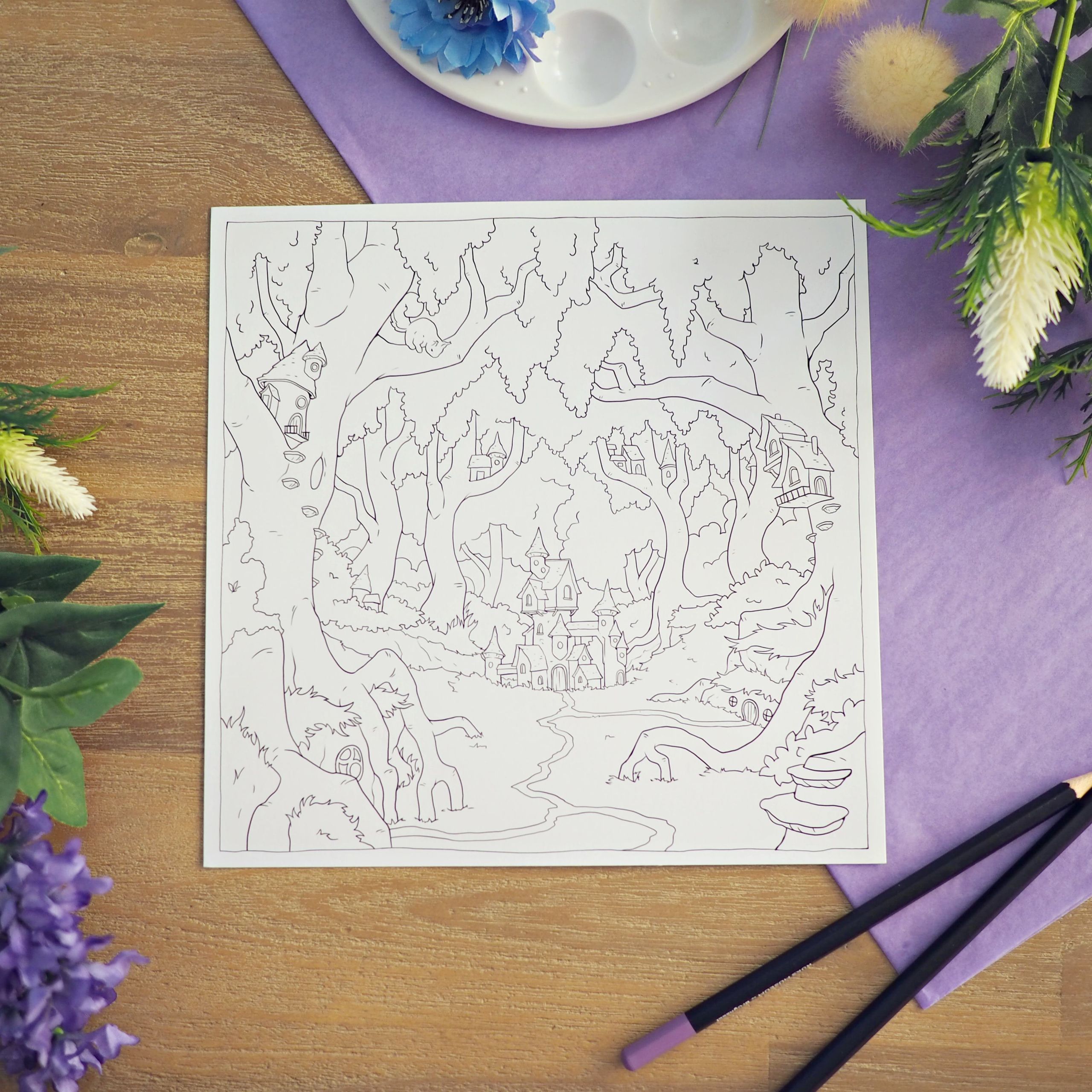 Fairy Town- Fantasy Coloring Page